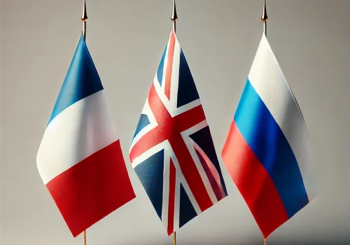 DALL·E 2024-12-02 18.47.40 - French, English, and Russian flags displayed together in a clean and simple arrangement. The flags are side by side or in a visually balanced layout,